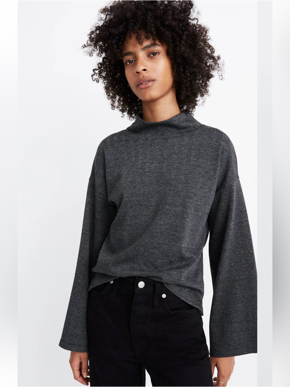 Madewell Wide-Sleeve Mockneck Oversized Top in Glen Plaid